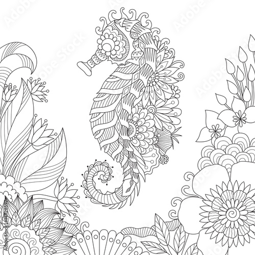 Line art design of sea horse swimming in beautiful ocean for adult coloring book page. Stock Vector