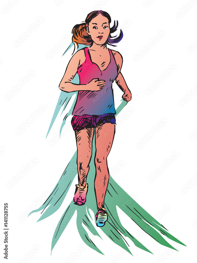Young girl running in sportswear, hand drawn doodle, sketch in pop art style, vector color illustration Young girl running in sportswear, hand drawn doodle, sketch in pop art style, vector color illustration