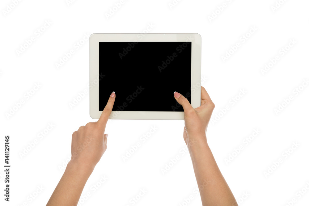 Woman holding digital tablet with blank screen Woman holding digital tablet with blank screen