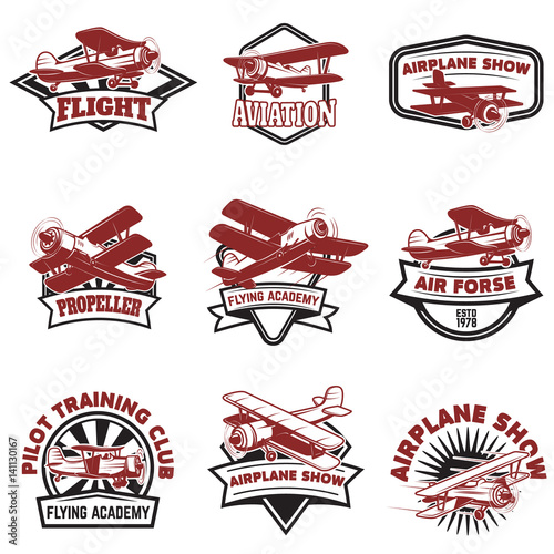 Set of air force, airplane show, flying academy emblems. Vintage planes. Design elements for logo, badge, label. Vector illustration.