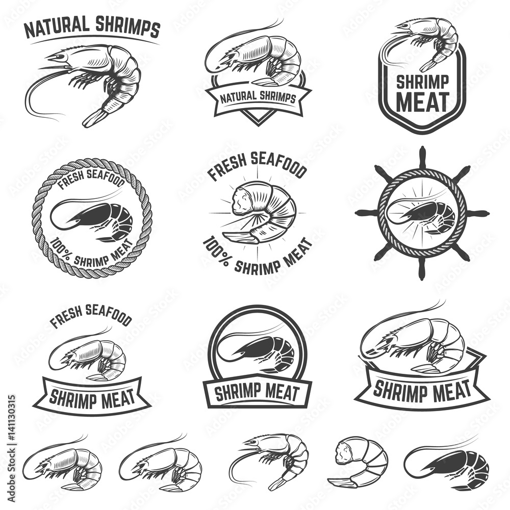 Set of the shrimps meat labels isolated on white background. Design element for logo, label, badge, sign. Vector illustration. Set of the shrimps meat labels isolated on white background. Design element for logo, label, badge, sign. Vector illustration.