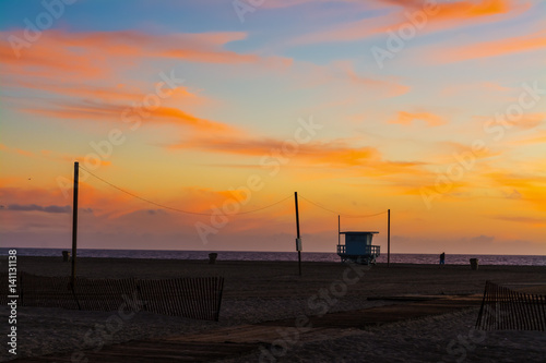 Lifeguard hut at sunset in Santa Monica