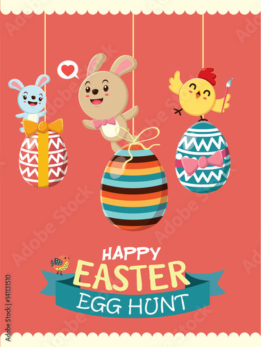 Vintage Easter Egg poster design with Easter rabbit, bird © Sze Wei Wong