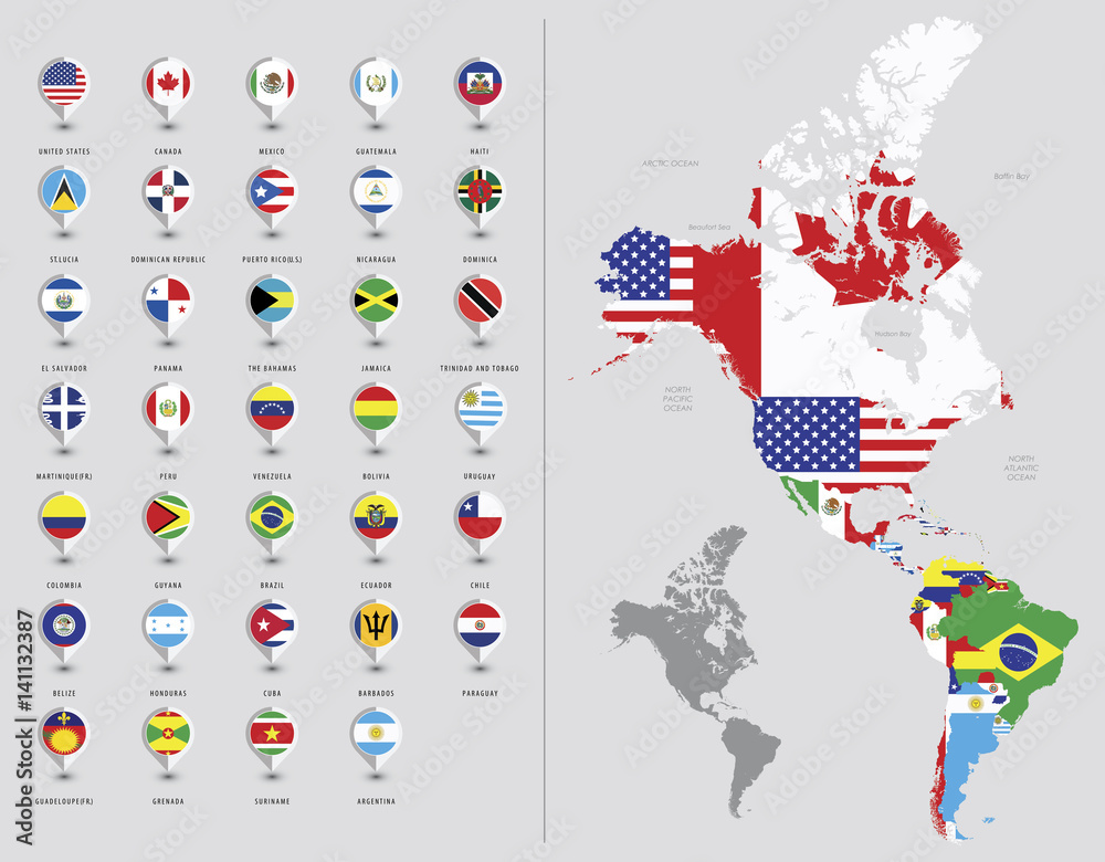 Map of North and South America. Flags of the Americas