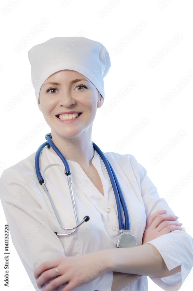 Young woman medical doctor portrait in white coat and cap with stethoscope isolated on white background. Young woman medical doctor portrait in white coat and cap with stethoscope isolated on white background.