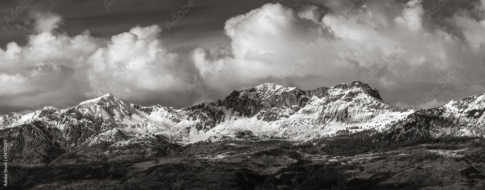 Snow covered Piolit and Parias mountain peaks (Black & White). Winter in Hautes Alpes, Southern French Alps, France