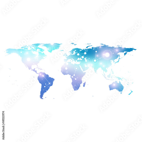 World Map with global technology networking concept. Digital data visualization. Scientific cybernetic particle compounds. Big Data background communication. Vector illustration.