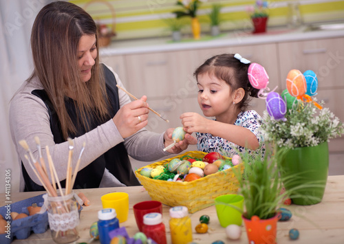 A mother and her daughter painting Easter eggs