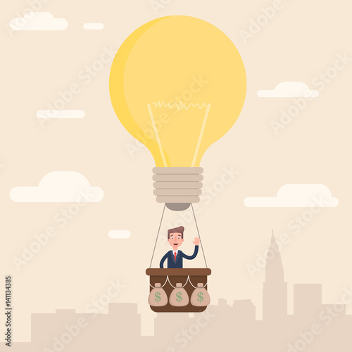 The businessman flies to the top with his idea.