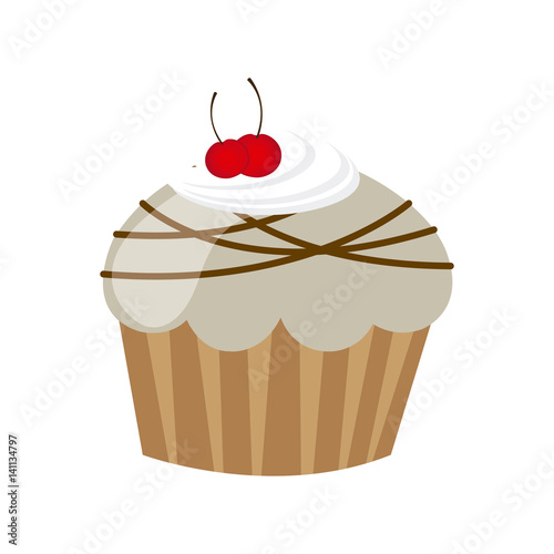 white muffin with cherrys and chocolate icon, vector illustration design