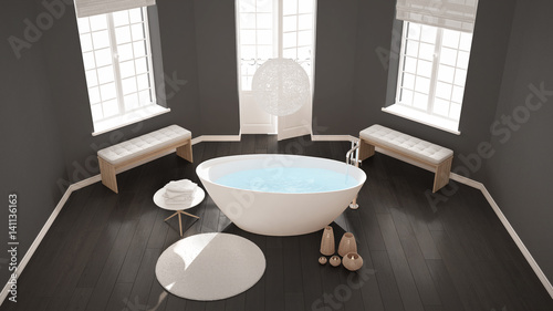 Zen classic spa bathroom with bathtub  minimalist scandinavian interior design  top view