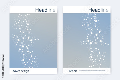Scientific brochure design template. Vector flyer layout, Molecular structure with connected lines and dots. Scientific pattern atom DNA with elements for magazine, leaflet, cover, poster design.
