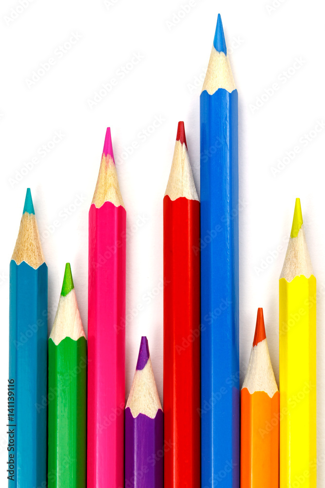 Set of colored pencils on a white background, chaotic arrangement Set of colored pencils on a white background, chaotic arrangement