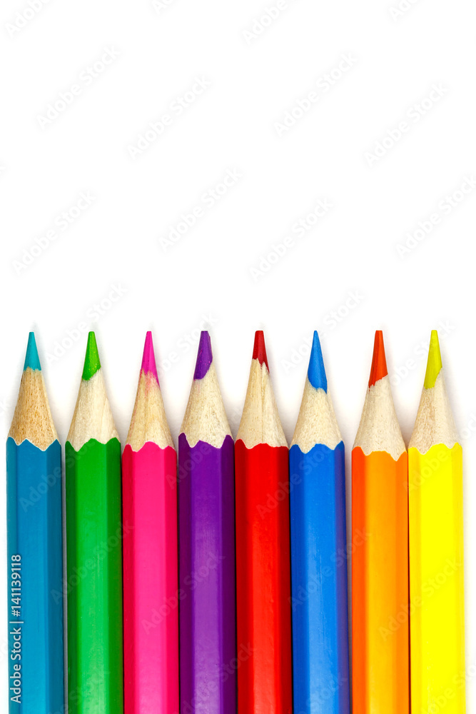 Set of colored pencils on a white background, vertical layout Set of colored pencils on a white background, vertical layout