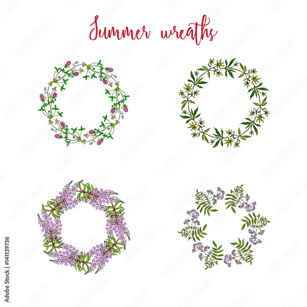 Hand drawing wild herbs wreaths Hand drawing wild herbs wreaths
