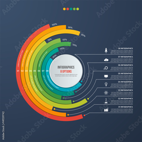Circle informative infographic design with 8 options on dark background.