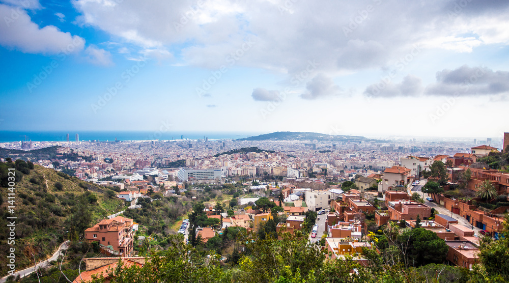 aerial view of Barcelona from the hills surrounding the city