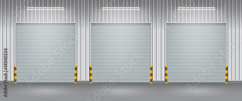 Roller door or roller shutter. Also called security door or security shutter. For protect residential, commercial and industrial building i.e. house, factory, warehouse, hangar. Vector illustration.
