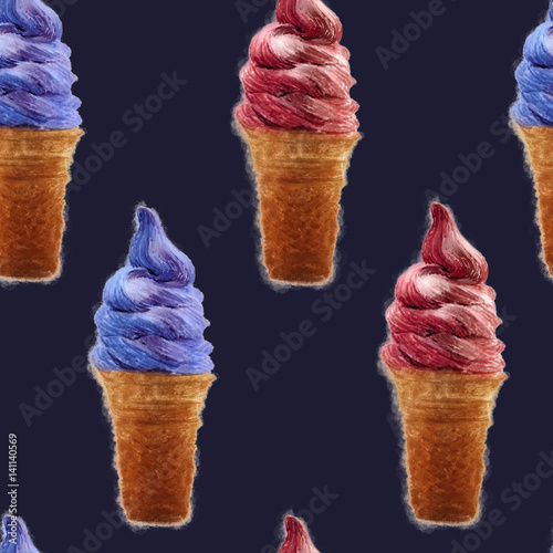 Watercolor illustration of ice cream. Seamless pattern
