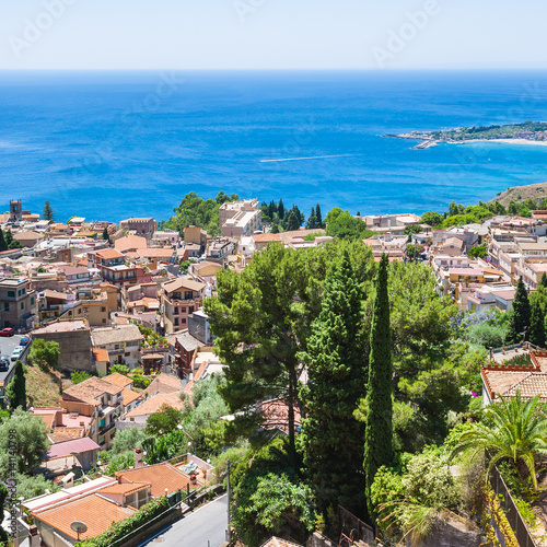 above view Taormina town from Castelmola village