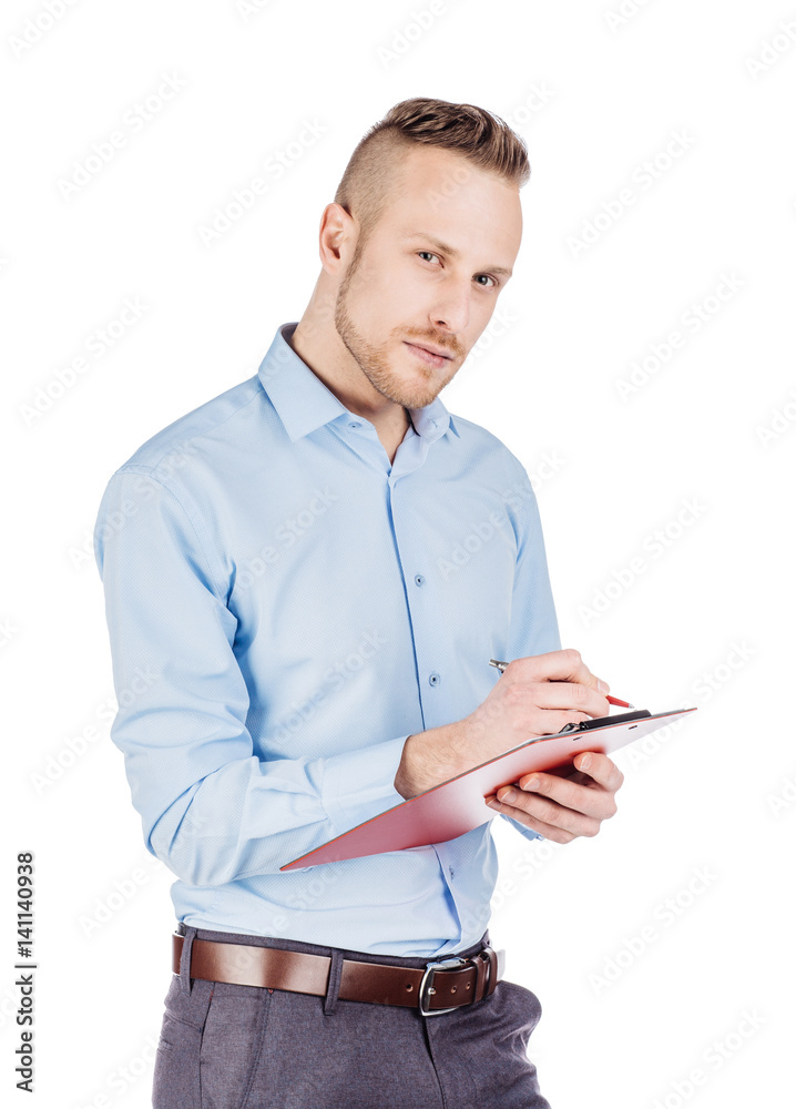 bearded man making notes. human emotion expression and lifestyle concept. image on a white studio background. bearded man making notes. human emotion expression and lifestyle concept. image on a white studio background.