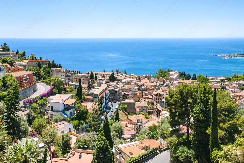 above view Taormina city from Castelmola village