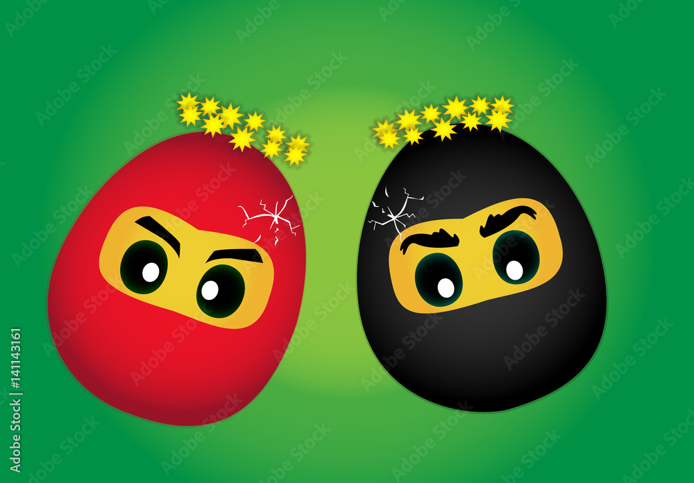Funny vector illustration as two cartoon egg designed like a ninja face,  bump and crack. Easter Holiday Symbol. Stock Vector | Adobe Stock