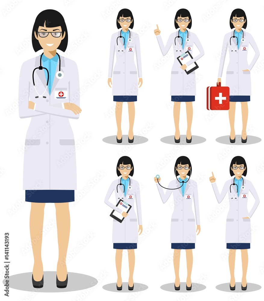 Medical concept. Detailed illustration of old american european doctors in flat style isolated on white background. Practitioner doctor woman standing in different positions. Vector illustration.