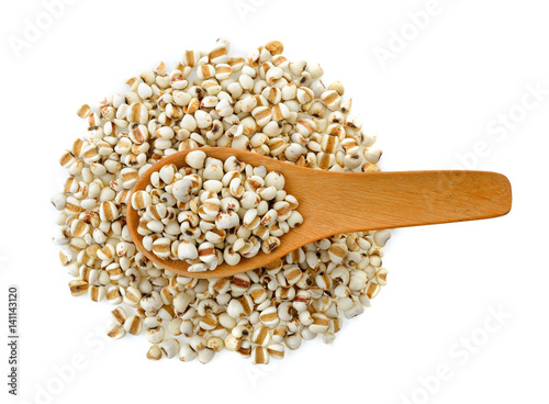 Millet in wood spoon isolated on white background