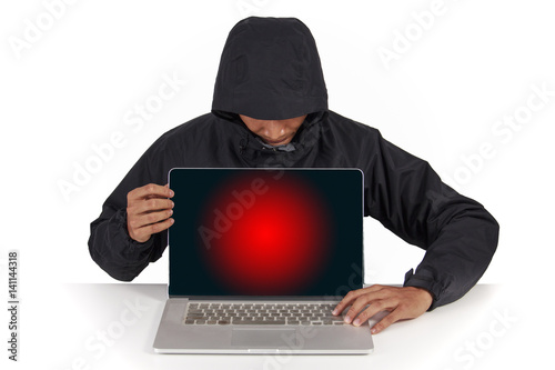 Laptop is hacked by users online targeted threats important data on white background