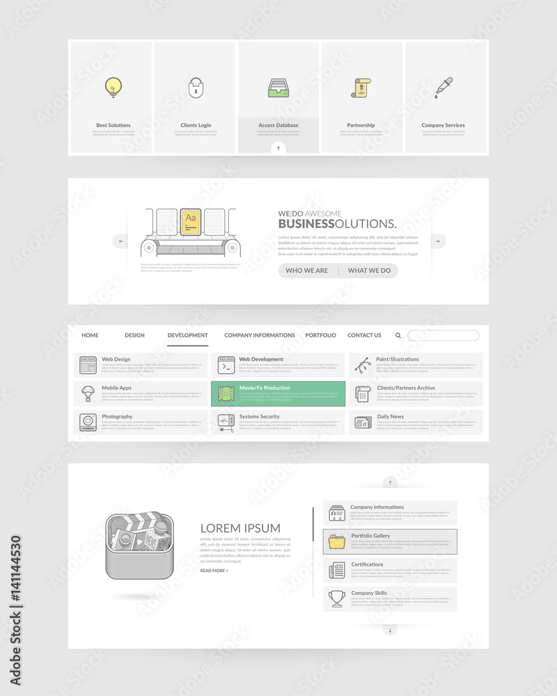 Website templates navigation elements with concept icons.