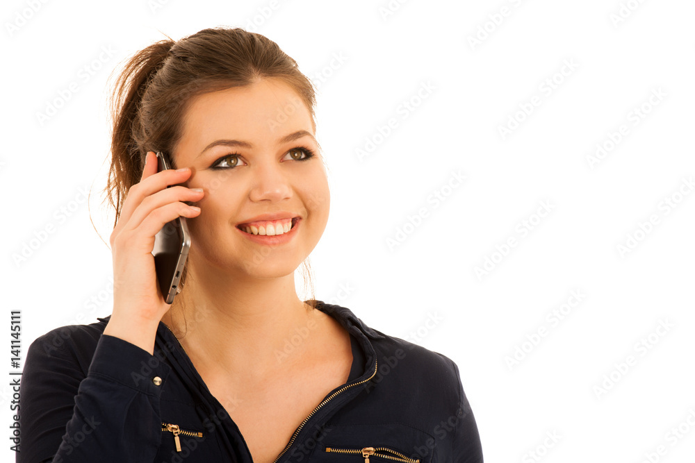 Young woman speaks on smart phone siolated over white backgrond Young woman speaks on smart phone siolated over white backgrond