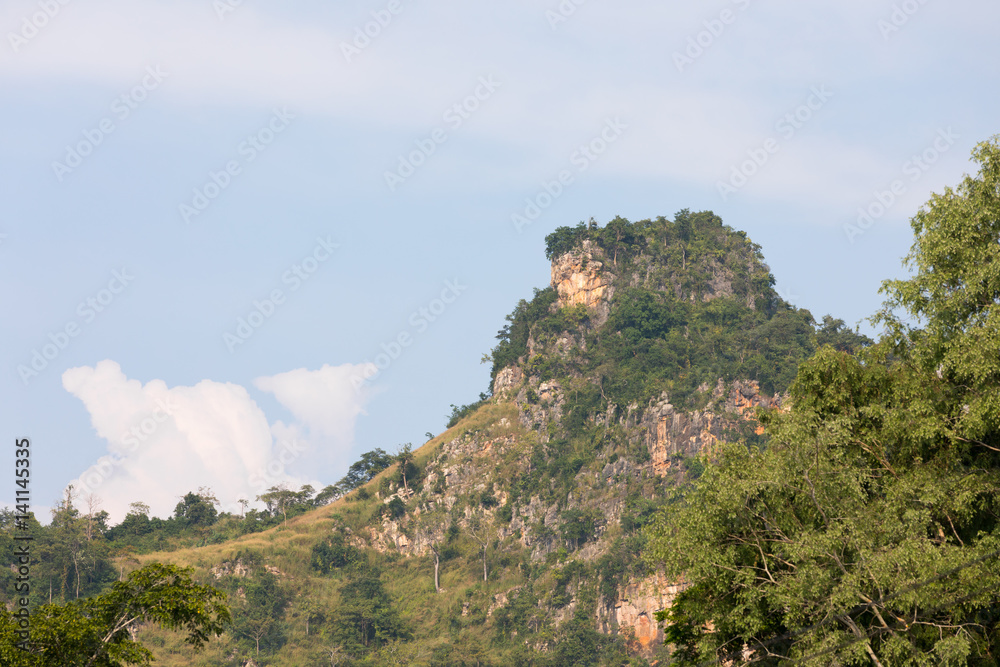 A small mountain overgrown with greenery in Thailand