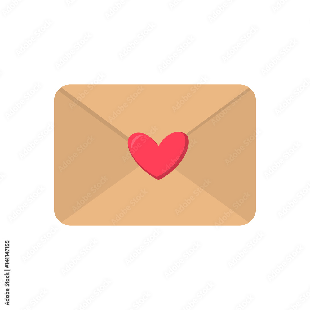Cute cartoon flat love envelope icon. Vector illustration