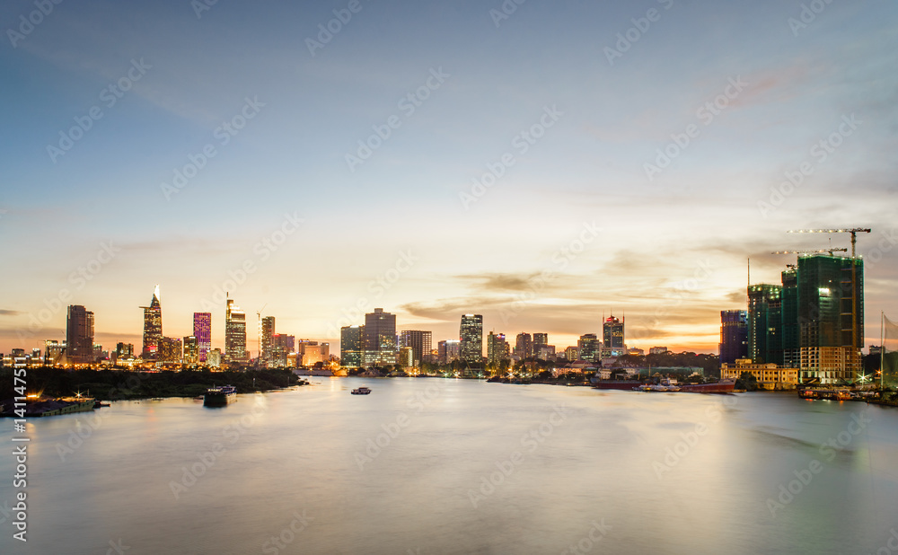 HO CHI MINH CITY - MARCH 17 2017: Very nice and peaceful, Skyscrapers business center in Ho Chi Minh City on Vietnam Saigon in sunset