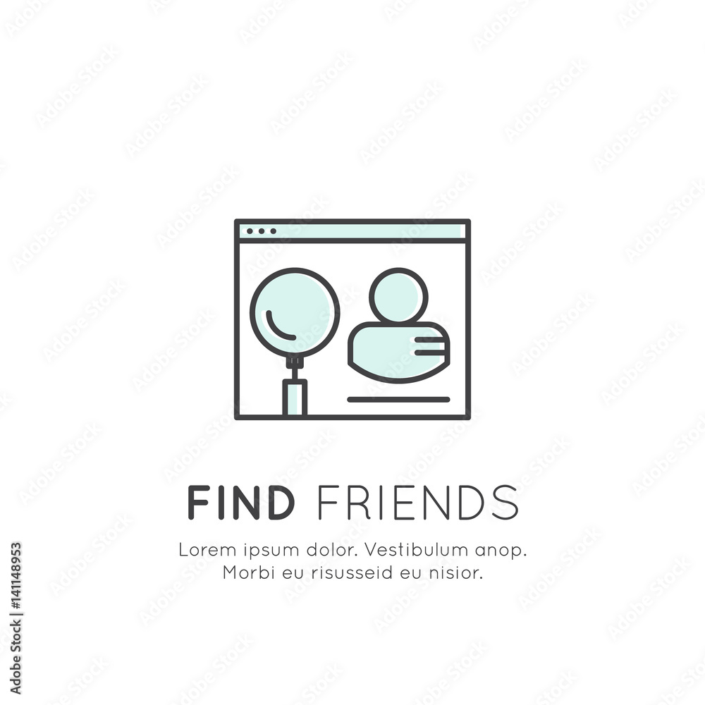 Vector Icon Style Illustration Concept of Find Friends, Browse Geo Location, Search for Account Profile ID, Mobile and Desktop Application Development Vector Icon Style Illustration Concept of Find Friends, Browse Geo Location, Search for Account Profile ID, Mobile and Desktop Application Development