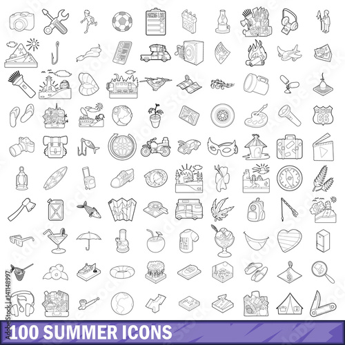 100 summer icons set  outline style