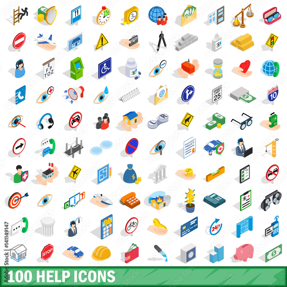 100 help icons set, isometric 3d style
