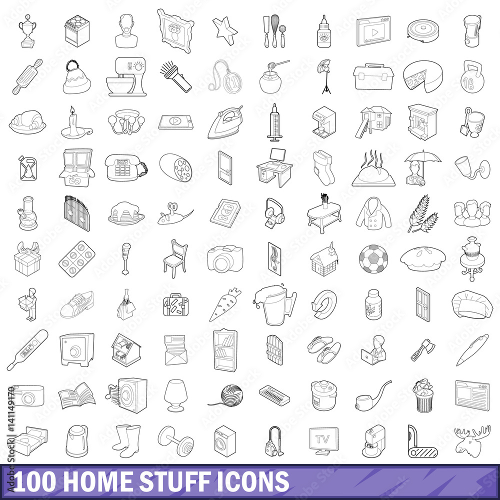 100 home stuff icons set, outline style