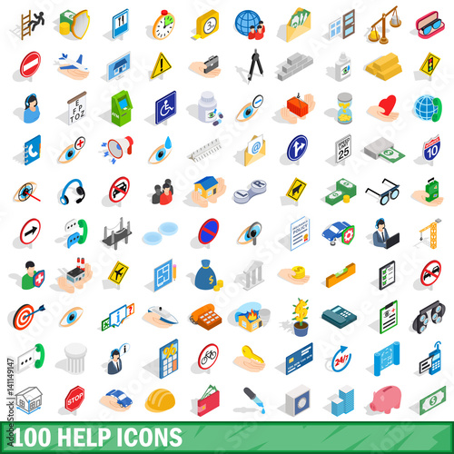 100 help icons set, isometric 3d style