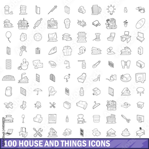 100 house and things icons set, outline style