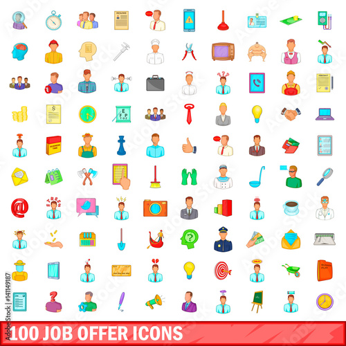 100 job offer icons set, cartoon style