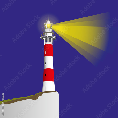 Striped red-white Lighthouse and light rays
