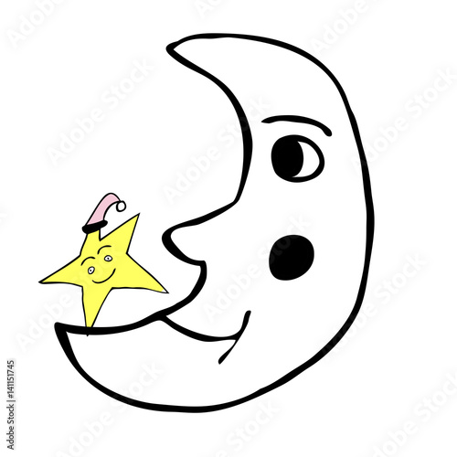 Moon with laughing face and star standing on the moon, having a sleepyhead on and loughing. Symbol for bedtime and sleep