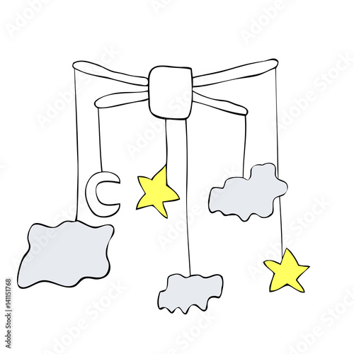 Vector illustration of pending mobile with clouds, moon, stars drawn in line art on white background