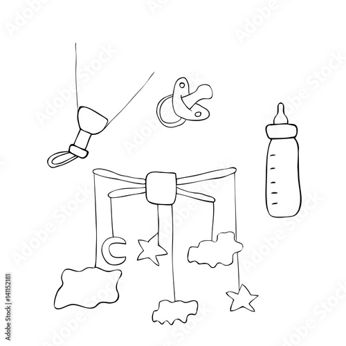 Vector illustration of milk bootle, dummy, pending mobile and flashlight drawn in line art on white background. Symbol of sleep and goodnight for babys