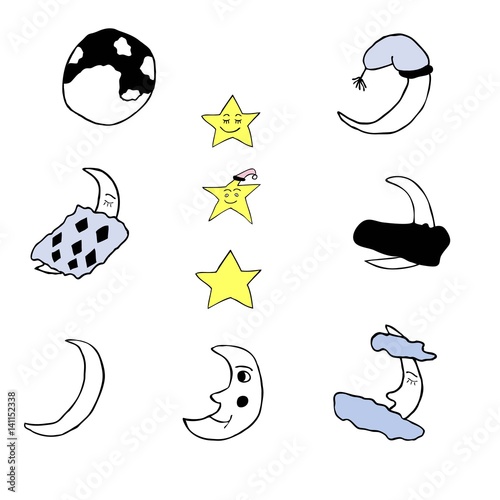 Moon, stars of different forms drawn in line art. Symbol for bedtime and sleep, boys and girls bed