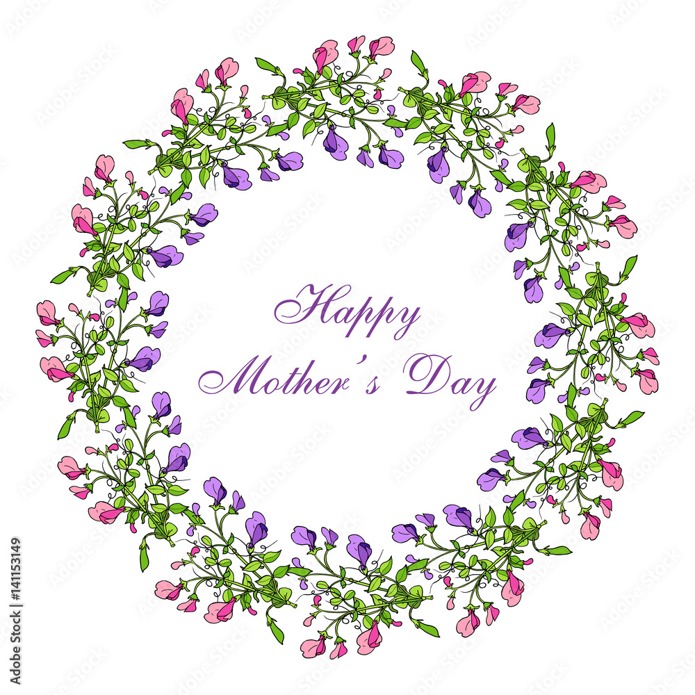 Mother day greeting card, sweet pea wreath