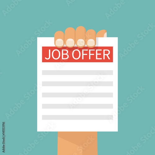 Headhunter holding in hand a job offer. Recruitment concept. Search for employee, colleagues. Ad on paper. Vector illustration flat design. Isolated on background.