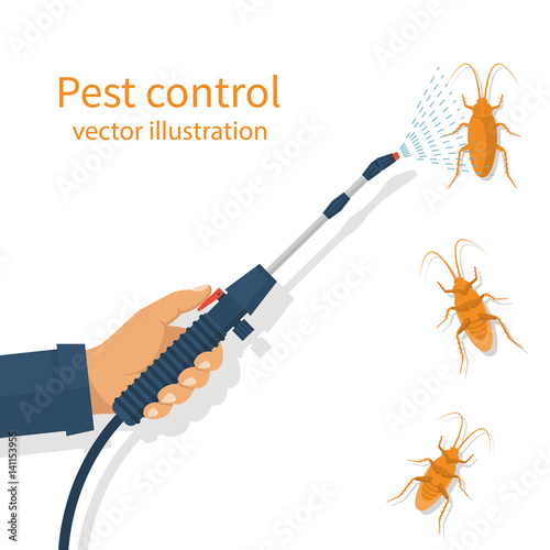 Pest control banner concept. Man exterminator holds a sprayer in hands spraying pesticide. Destruction bug. Service to protect the house. Vector illustration flat design. Isolated on white background.